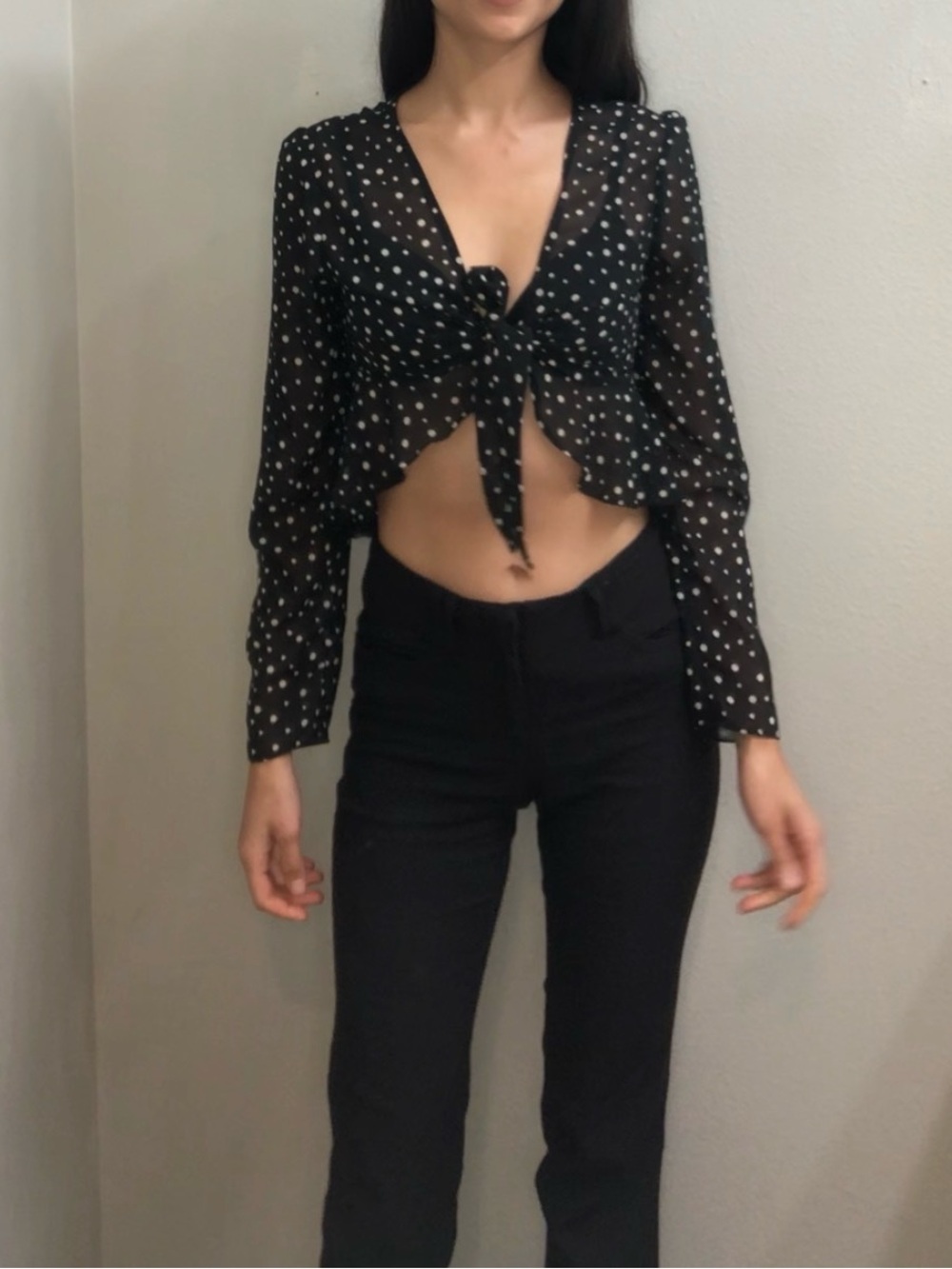 Kimchi blue Polka Dot Tie-Front Crop Top - Black/White